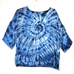 Raquel Allegra Womens Spiral Tie Dye Raw Edge Top Size 3 Blue Hippie Retro Artsy